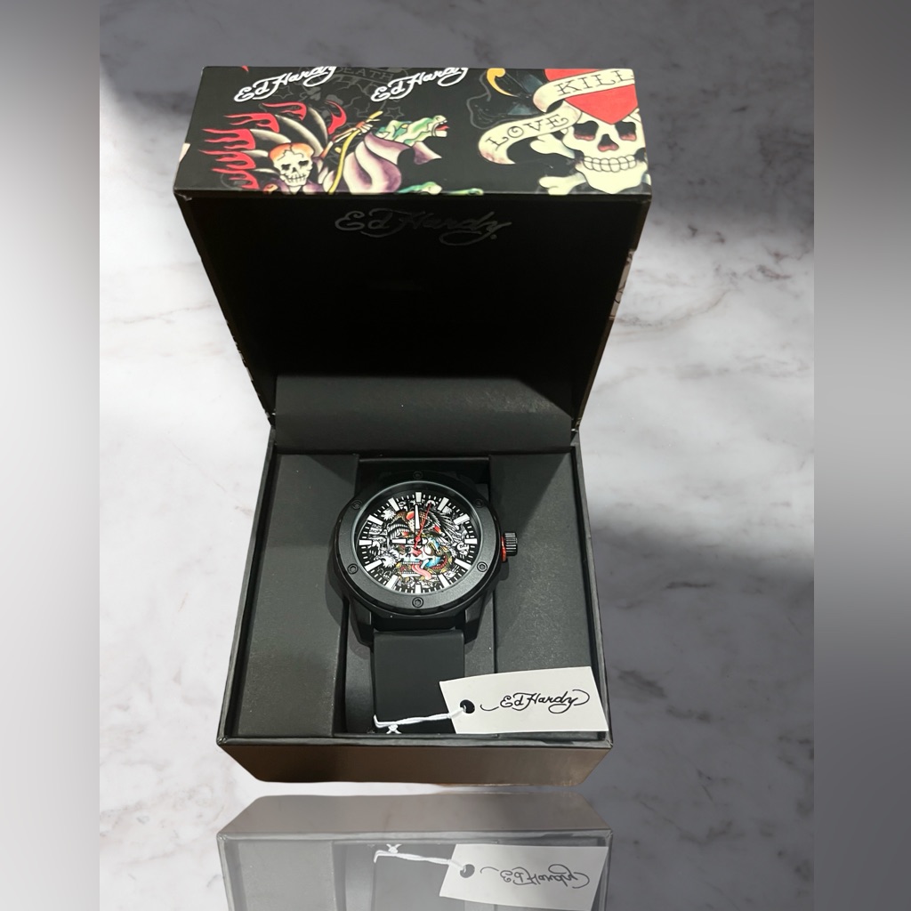 Ed Hardy Mens  SnakeEagle Watch Black Rubber Strap Brand New
